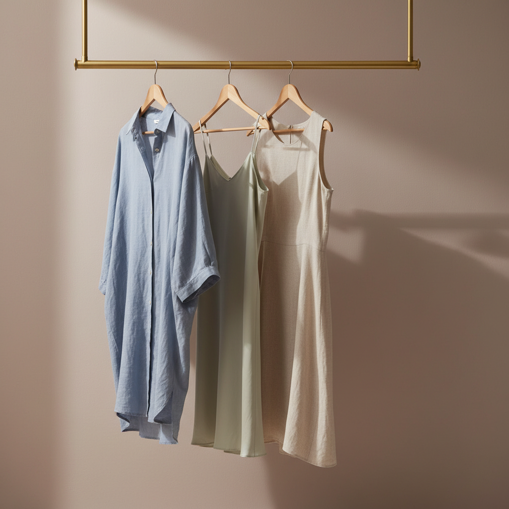 A pristine, minimalist wardrobe rail in brushed matte gold, holding a curated selection of clothing hangers. Each hanger displays a single garment in an elegant, muted shade—dusty blue, soft ecru, pale sage—crafted from fine natural fabrics like linen and silk. The rail stands against a delicate taupe wall with a barely perceptible ombre gradient, evoking understated luxury. Subtle, indirect daylight filters into the scene, creating gentle highlights on the rail and soft shadows that ground the composition. Shot at eye-level for a clean, modern look, the wardrobe appears organized and chic, with negative space emphasizing simplicity. The mood is serene and sophisticated, perfectly expressing the feeling of effortless confidence and clarity in personal style.