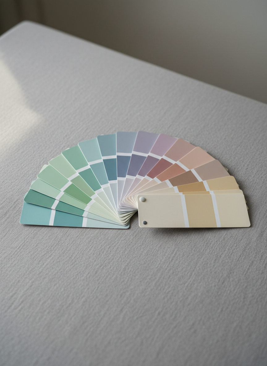 An elegant fan deck of color swatches fanned open on a smooth, muted grey linen surface. Each swatch displays refined, understated hues ranging from cool celadon greens to gentle blush tones, carefully curated with subtle gradients and soft transitions. The fan forms a harmonious semicircle, arranged with thoughtful spacing to highlight each color. Cool, diffused morning light filters in from the side, casting gentle highlights on the lightly textured linen and enhancing the soft, matte finish of each swatch. The composition is shot from a slightly elevated angle, centered for balanced symmetry, and features a shallow depth of field that softly blurs the background. The atmosphere is calm, sophisticated, and inviting, supporting the site’s focus on personal color analysis with a photographic, minimalist, and refined aesthetic.