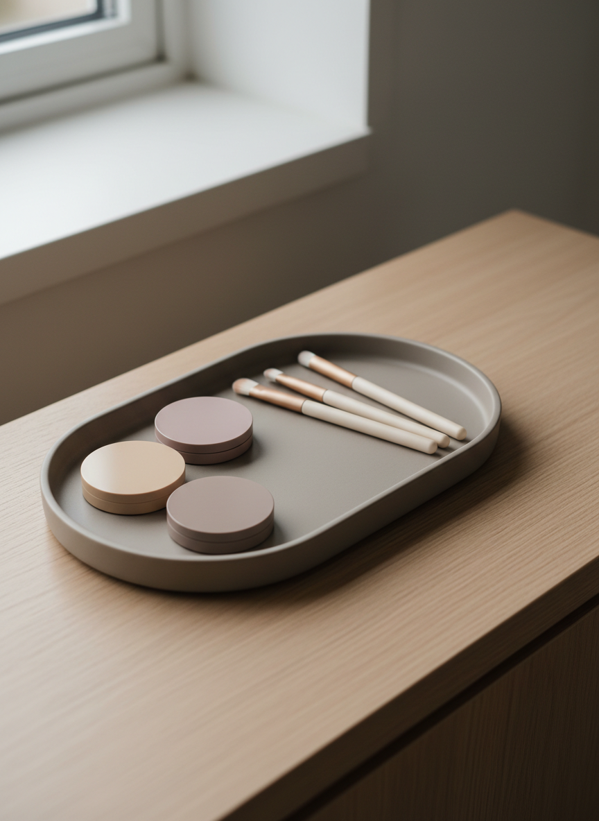 A luxurious, matte ceramic tray on a light oak vanity, meticulously arranged with a selection of refined makeup compacts and slender brushes, each in cases of soft, muted tones—taupe, mauve, and light camel. The tray’s edge is subtly rounded, its surface smooth and unadorned. Soft, natural light from a north-facing window imbues the scene with seamless, even illumination, revealing every elegant detail without harsh contrast. The composition favors negative space and is shot from an oblique side angle to give gentle depth. The overall mood is poised and calm, capturing the essence of sophisticated daily rituals aligned with a personal color palette, in a photographic, minimalist style.
