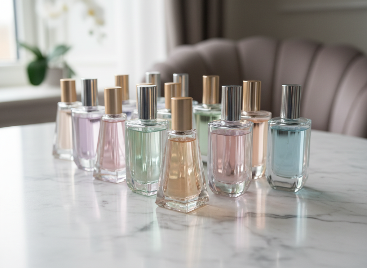 A collection of translucent glass perfume bottles in elegant, geometric shapes, neatly arranged on a marble vanity with faint grey veining. Each bottle contains liquid in a distinct yet understated pastel shade, and slender metallic caps reflect the soft, diffused light from a nearby window. Gentle morning light glides across the scene, creating subtle highlights and imparting a luminous, graceful quality to the bottles. The vanity’s surface reflects the bottles faintly, adding a touch of depth. Captured from a 45-degree angle with a sharply focused foreground and a quietly blurred background, the image feels clean, refined, and luxurious, evoking the sophisticated art of personal refinement and nuanced style choices.